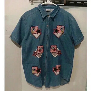 "CABIN CREEK"‎ Womens Button DwnTop L Denim Shirt Short Sleeve W/Red,White, Blue